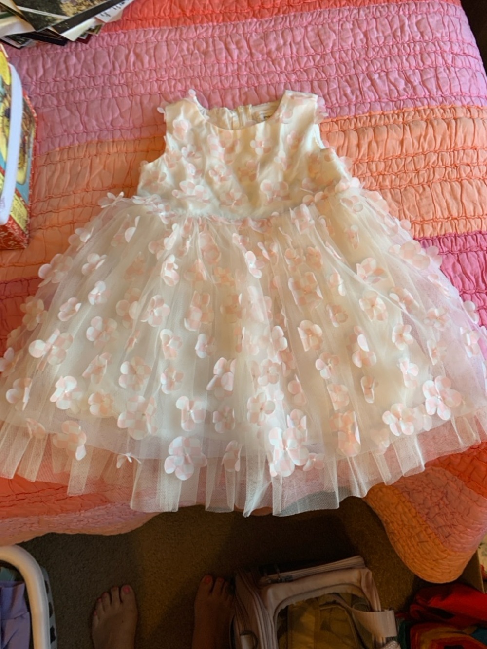 Popatu Ivory Tulle Dress with Pink Floral Appliqués